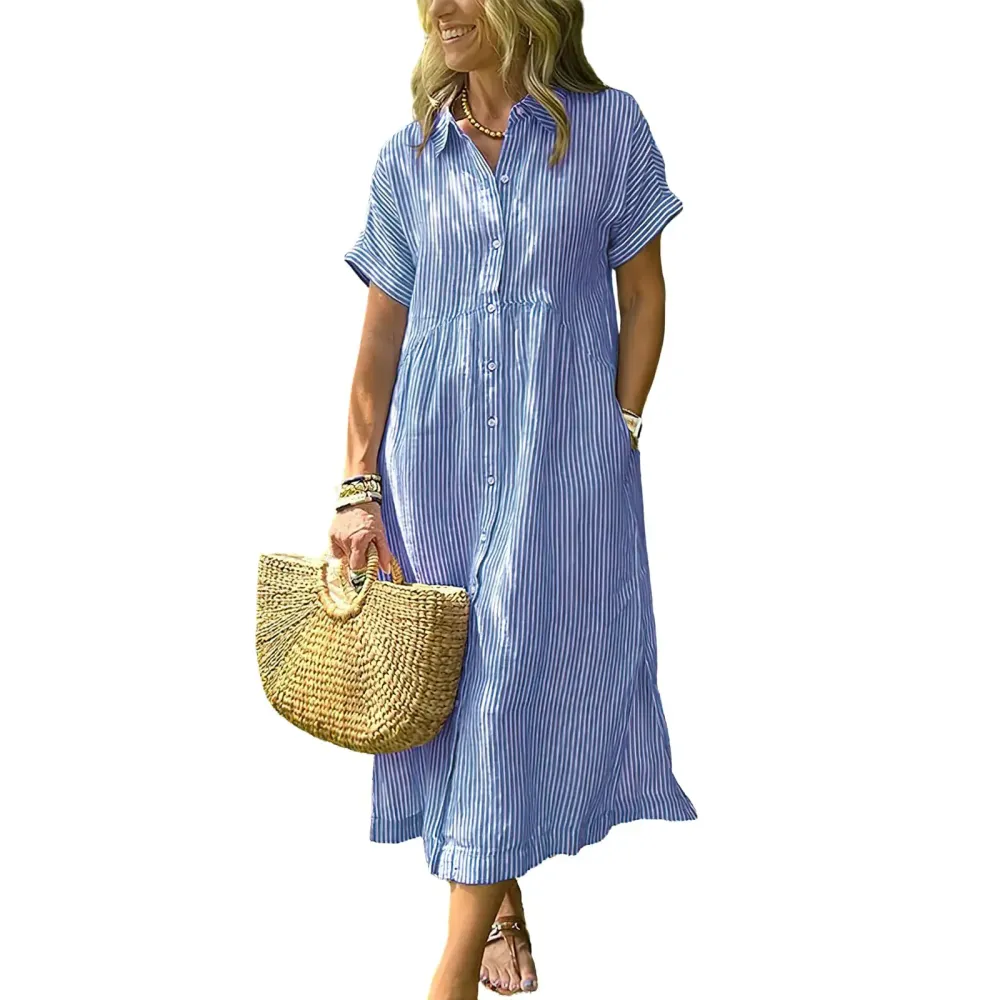 Women‘s Boho Striped Shirt Dress Button Down Loose Midi Dress with Pockets and Side Slit