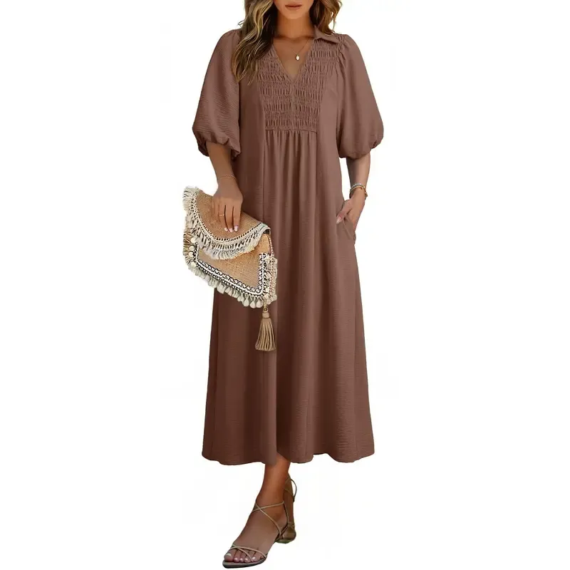 Casual V-neck puff-sleeve high-waist A-line long summer dress