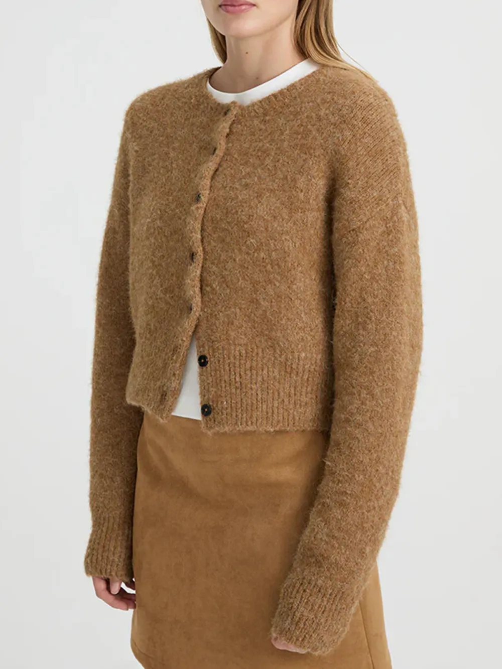 Casual Style Crew Neck Cardigan Camel
