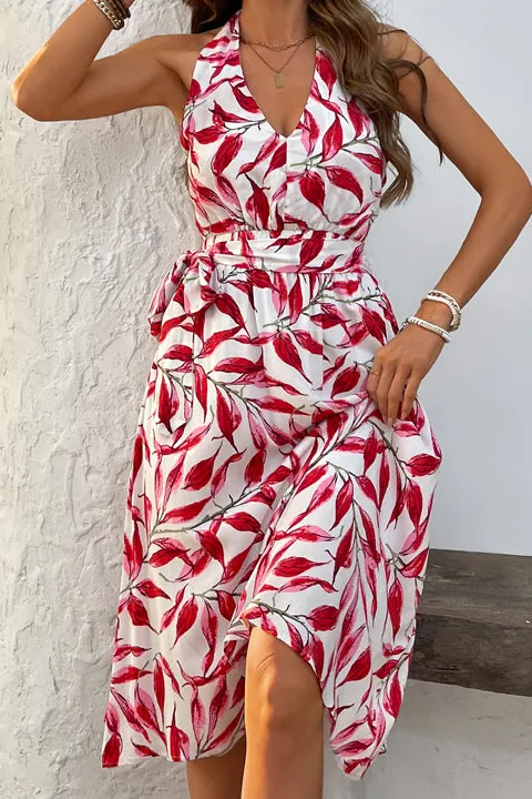 V Neck Tie Waist Midi Dress
