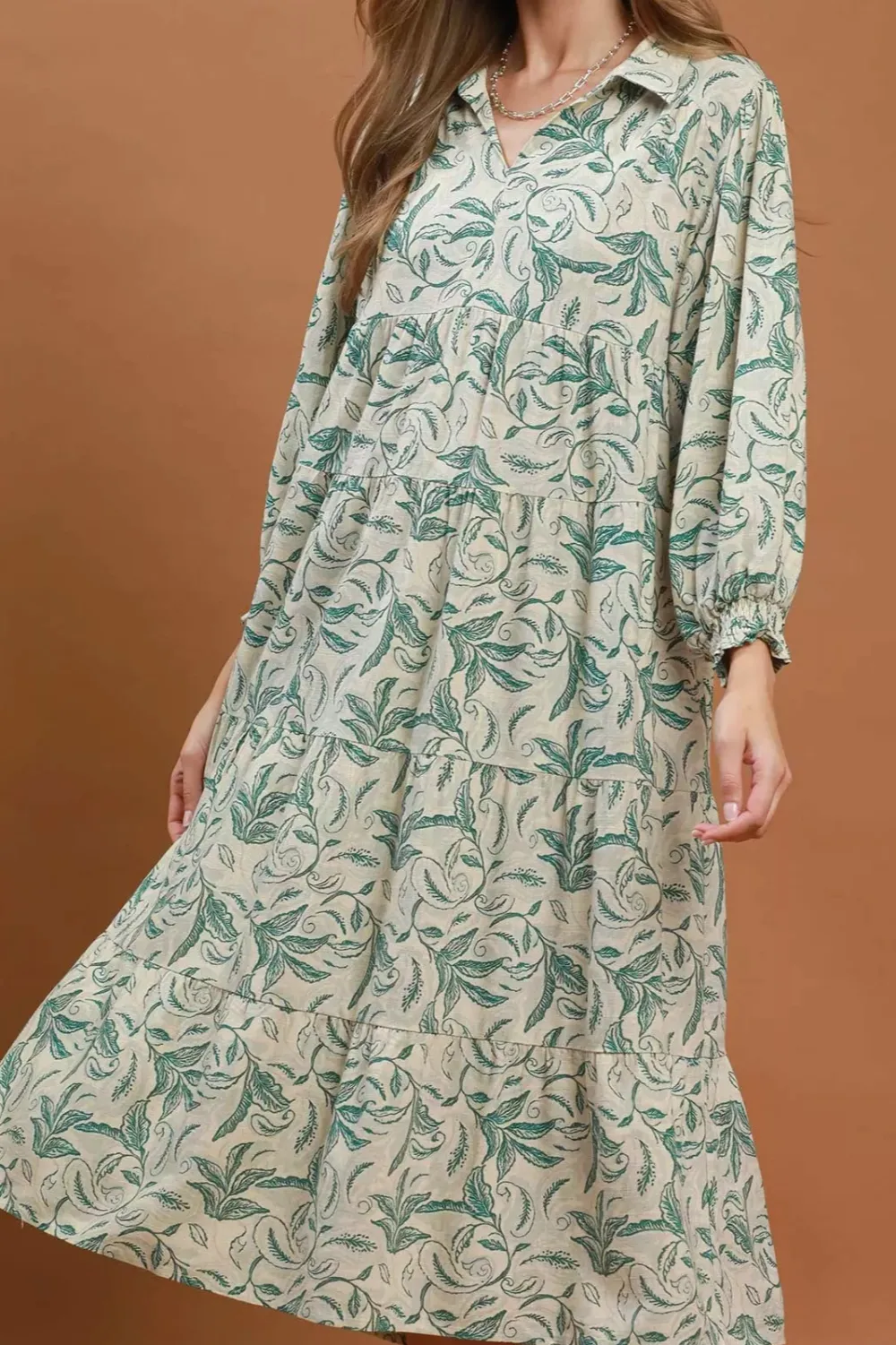 Linen Botanical Print Tiered Midi Dress