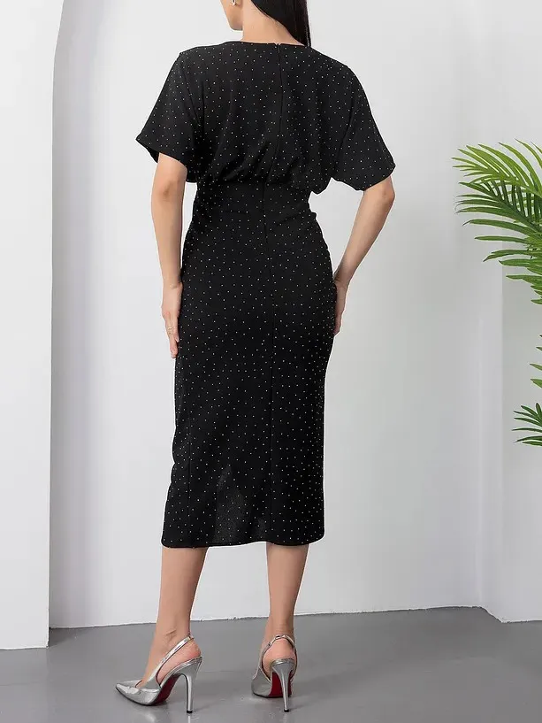 Elegant Round Neck Polka Dot Print Midi Dress