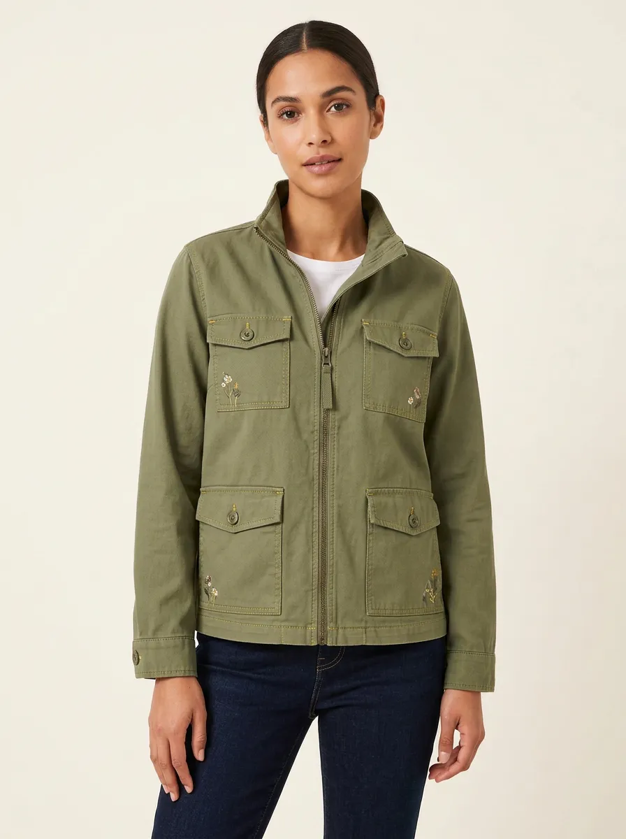 Women's Floral Embroidered Olive Utility Jacket