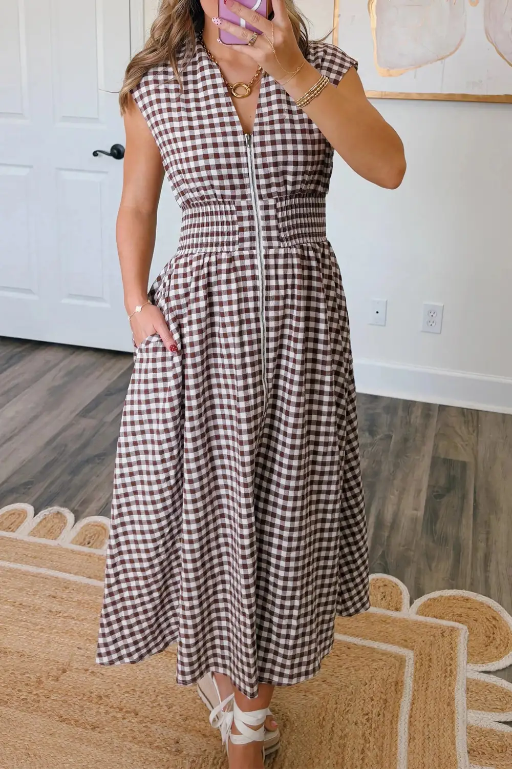 Plaid Printed Zip Front Maxi Dress