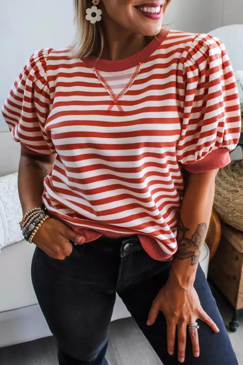 Striped Puff Sleeve Casual T Shirt