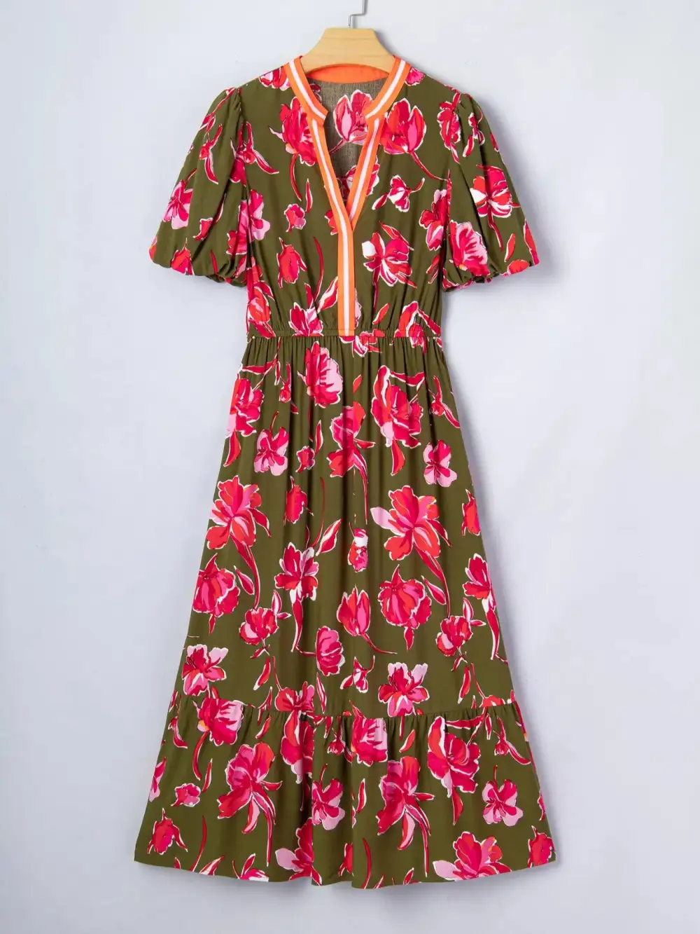 Gathered Detail Floral Printed Split Neck Dress