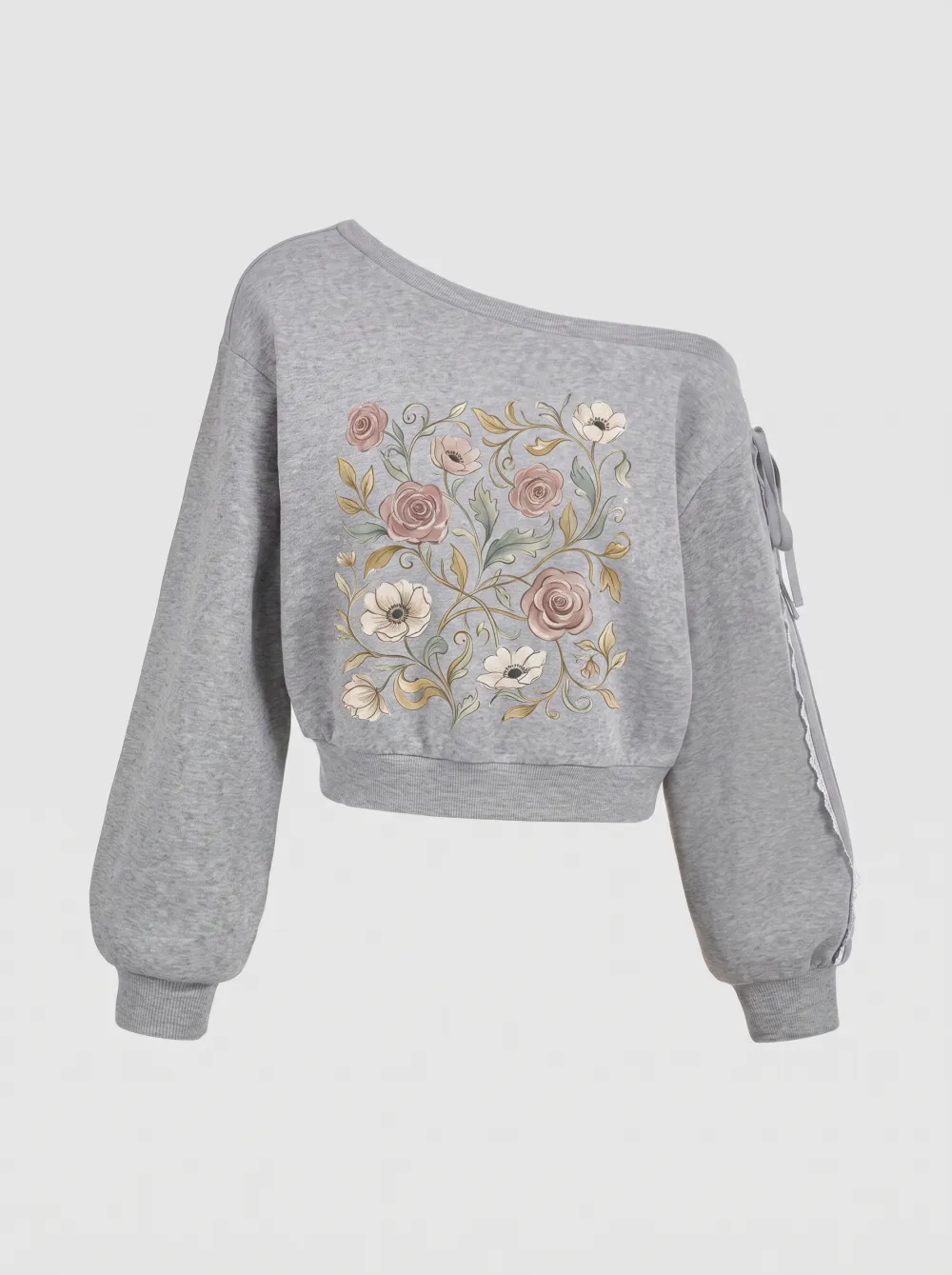 Women's Floral Art Vintage Rose Printed One-Shoulder Sweatshirt