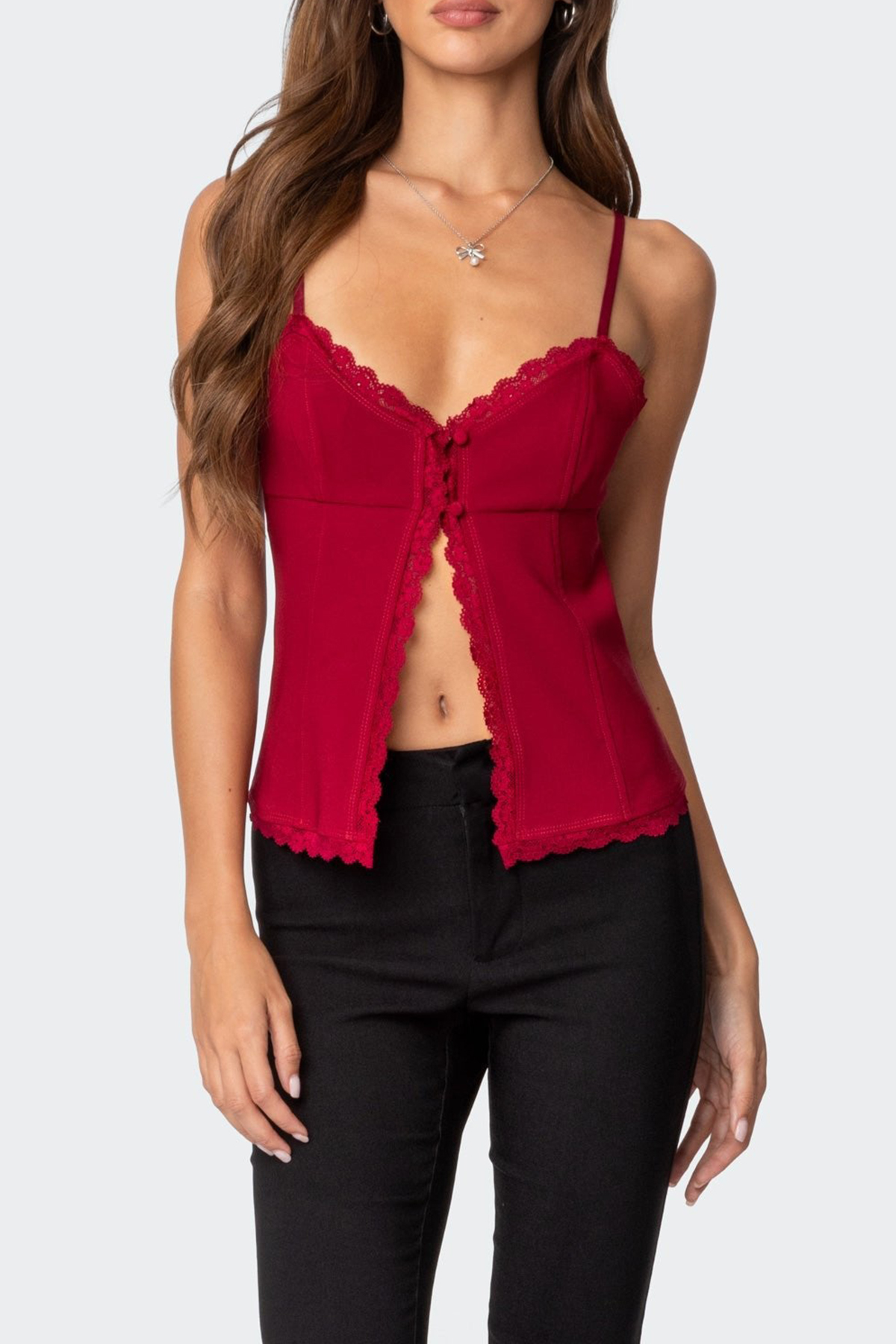 Crimson Lacey Split Front Top