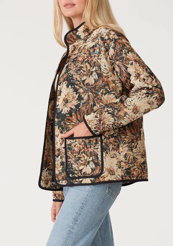 Pocketed Floral Open Front Jacket