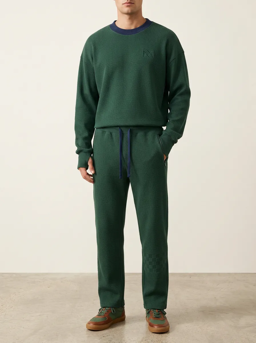 Men's Green Waffle Knit Logo Embroidered Crewneck Sweatshirt