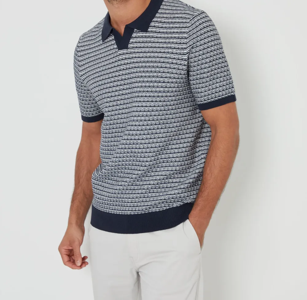 Men's Navy Textured Stripe Knit Open-Collar Polo