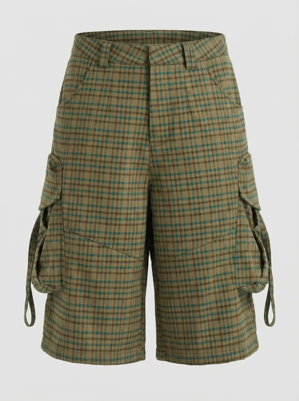 Wide-Leg Camouflage Plaid Cargo Culotte Pants