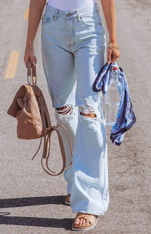 High Waist Wide Leg Ripped Denim Jeans