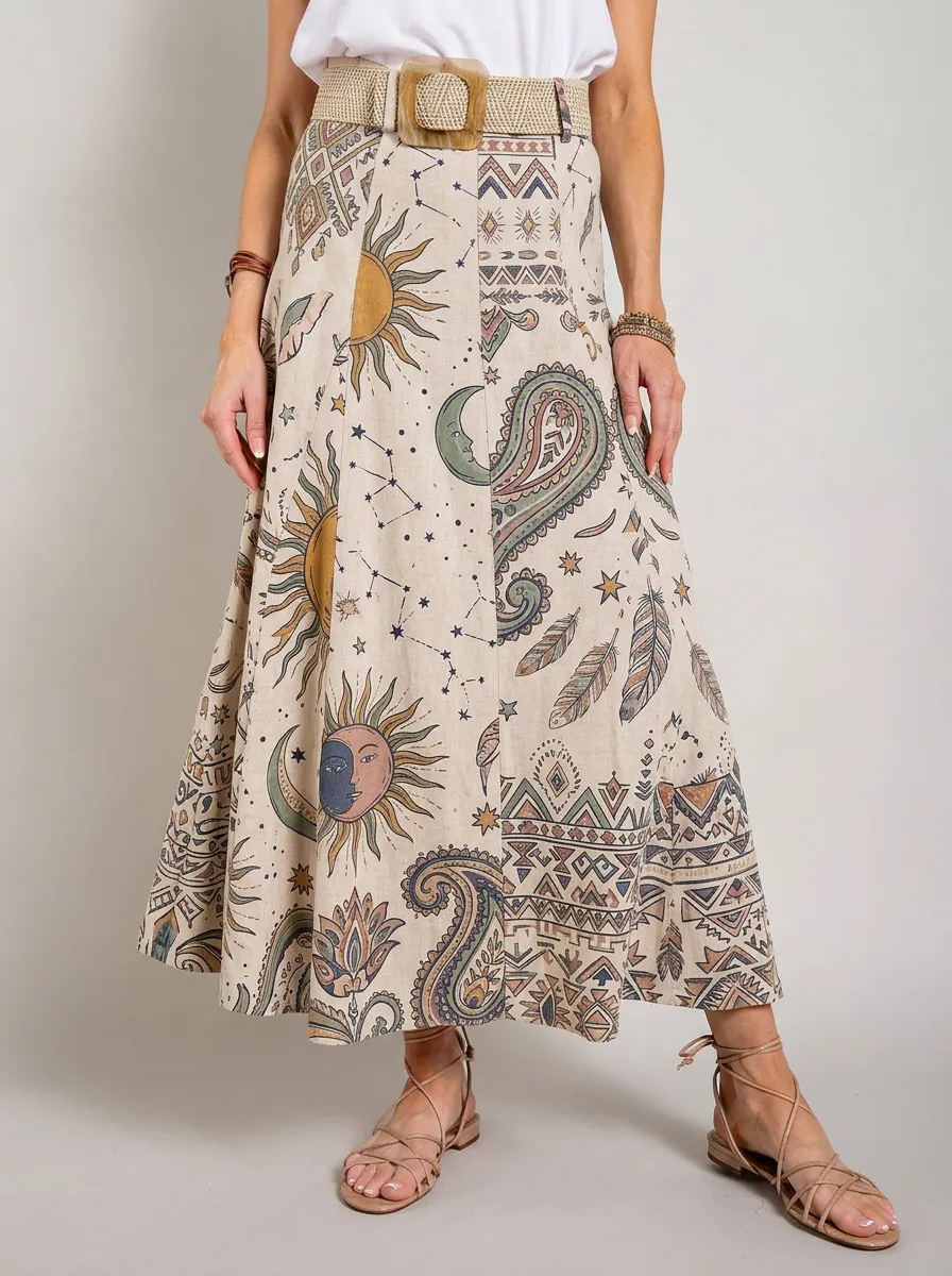 Women's Boho Celestial Sun Moon Paisley Printed Midi Skirt