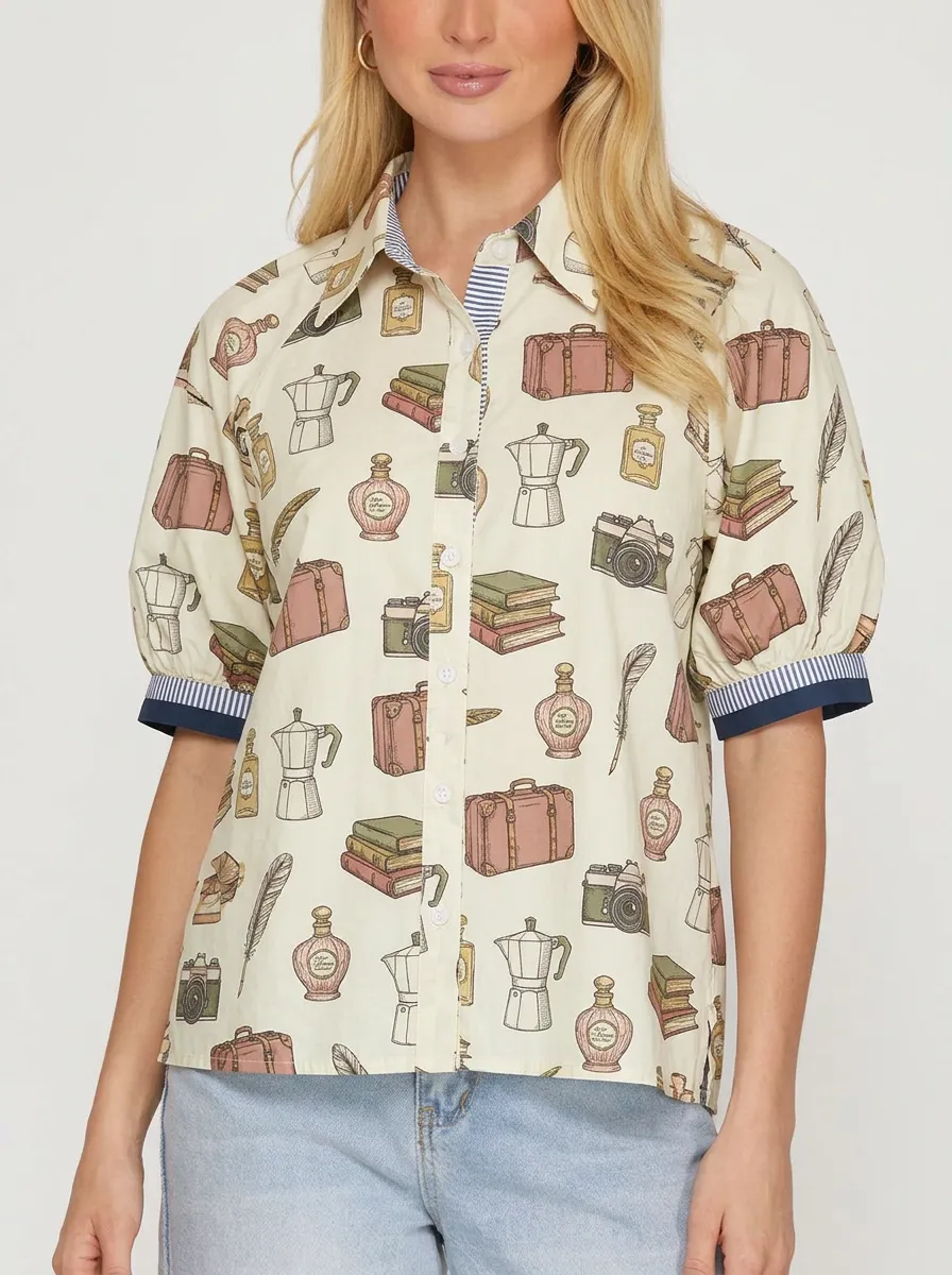Women's Travel Hobbyist Camera Book Perfume Printed Shirt