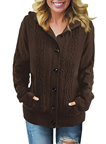 Women Hooded Knit Cardigans Button Cable Sweater Coat