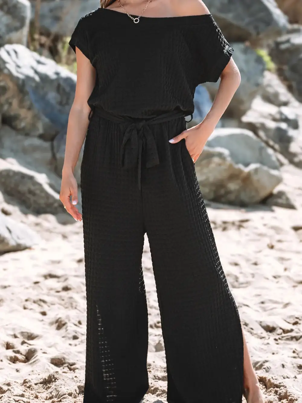 One Shoulder Short Sleeve Knotted Waist Shorts