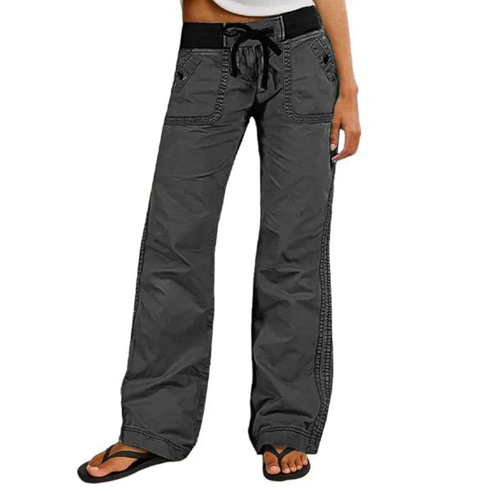 Solid Seam Detail Drawstring Mid Rise Straight Leg Pants