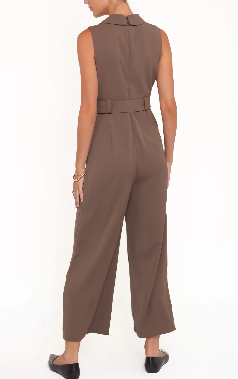 Modern V-Neck Collared Belted Wide-Leg Pocket Jumpsuit