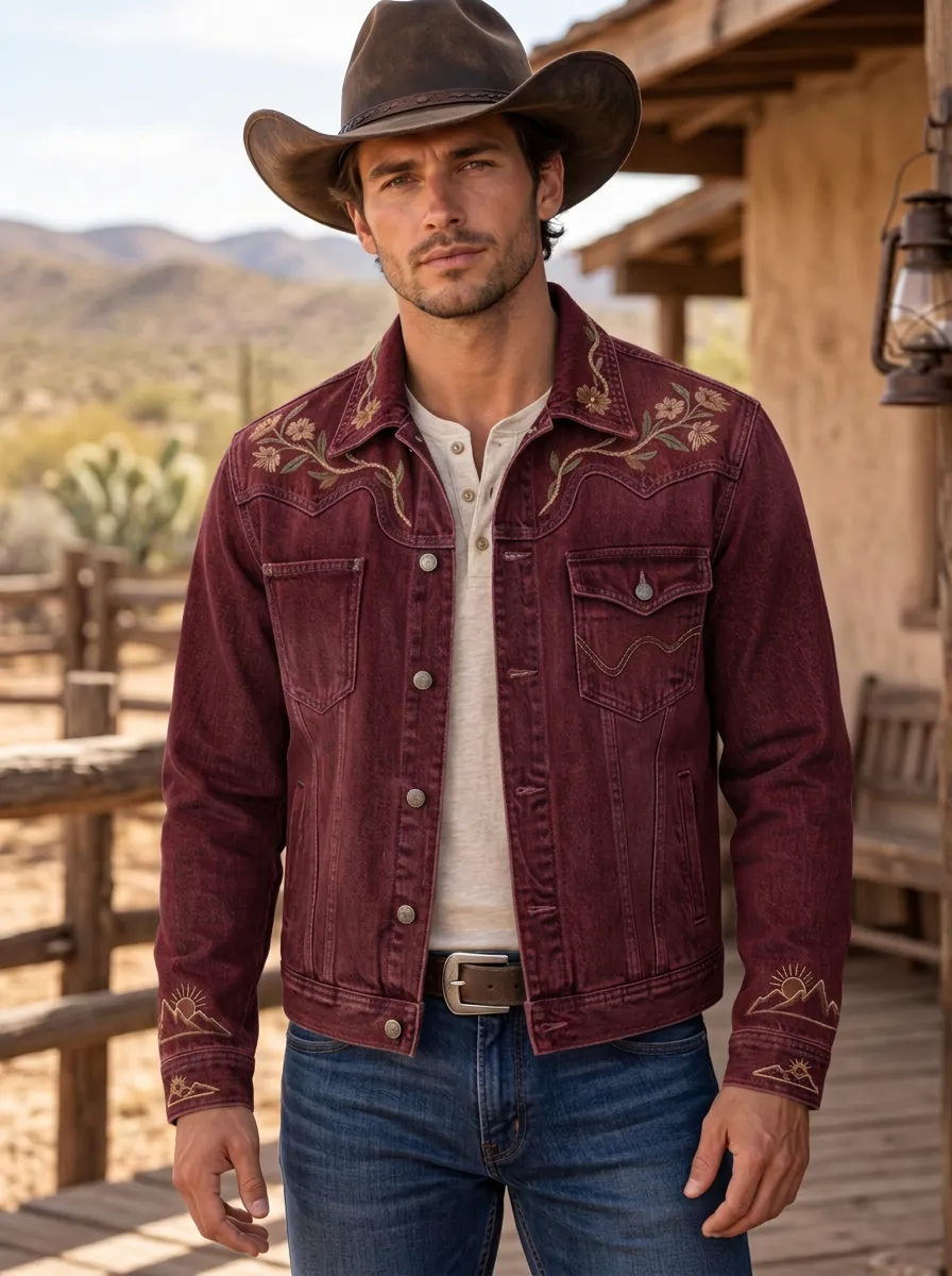 Men's Western Cowboy Floral Mountain Embroidered Jacket