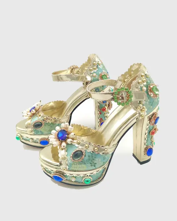 Rhinestone Vintage Embroidery Platform Sandals in Green