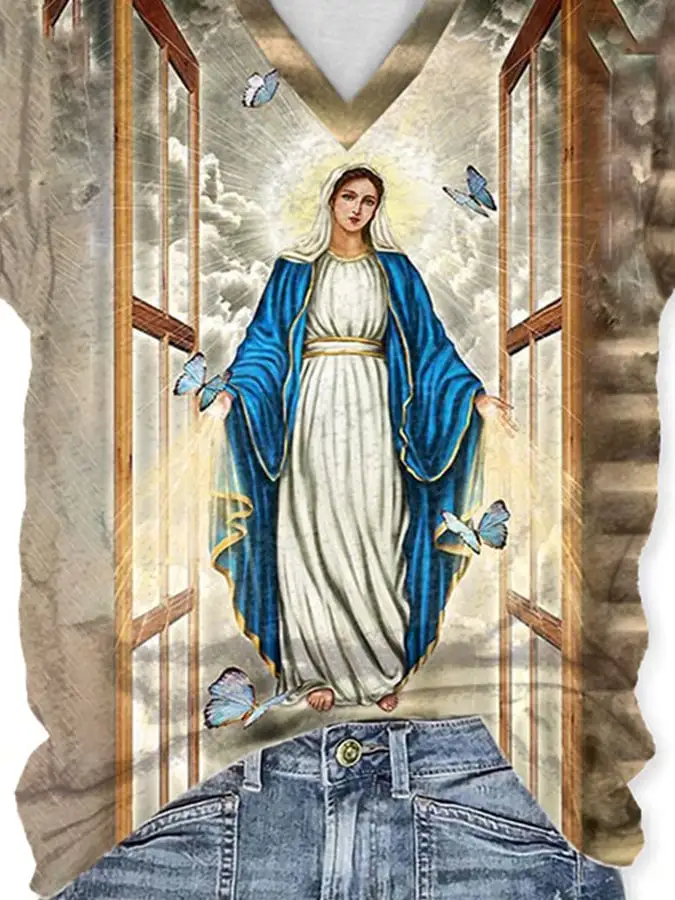 V-neck Mother Mary Blessed Print T-Shirt