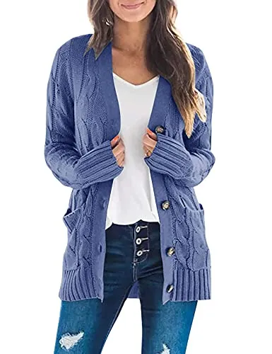 Women's Long Sleeve Cable Knit Sweater Open Front Cardigan Button Loose Outerwear