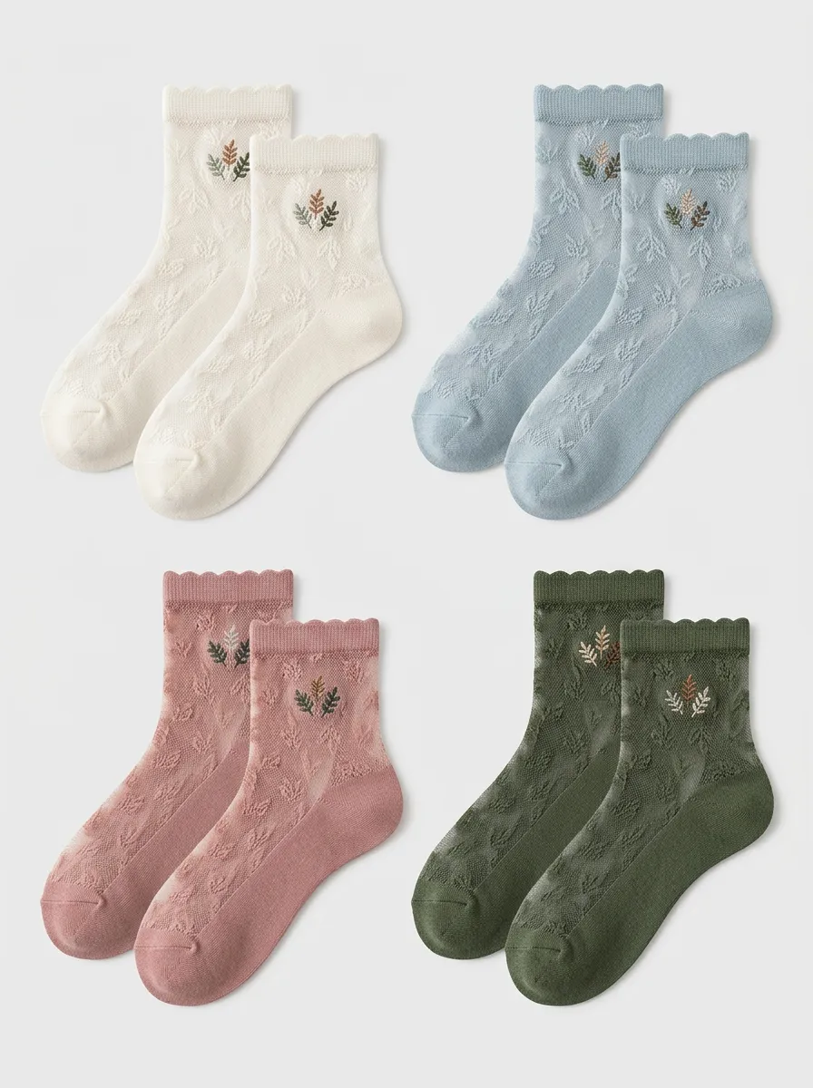 Women's Botanical Floral Scalloped Edge Embroidered Printed Socks