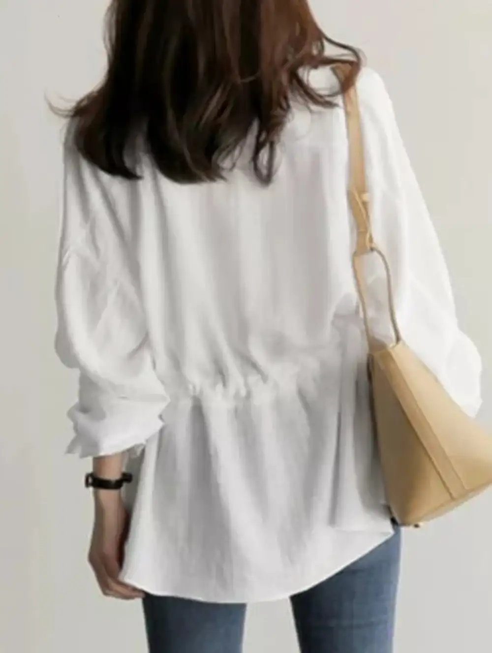 Long-Sleeved V-Neck Shirt Drawstring Waist