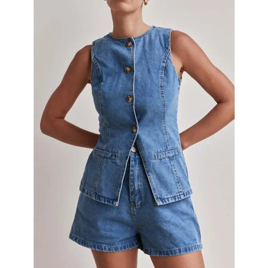 Relaxed Button Down Vest and Shorts Denim Set