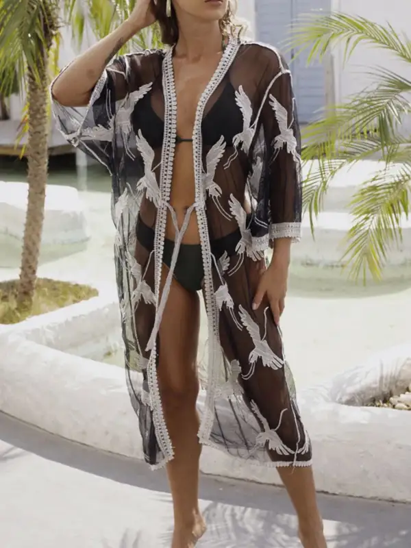 Crochet Trim Open Front Swim Cover Up