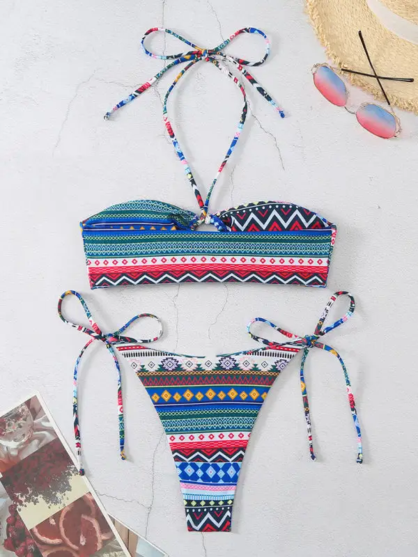 Halterneck Lace Up Adjustable Briefs Printed Swim Set