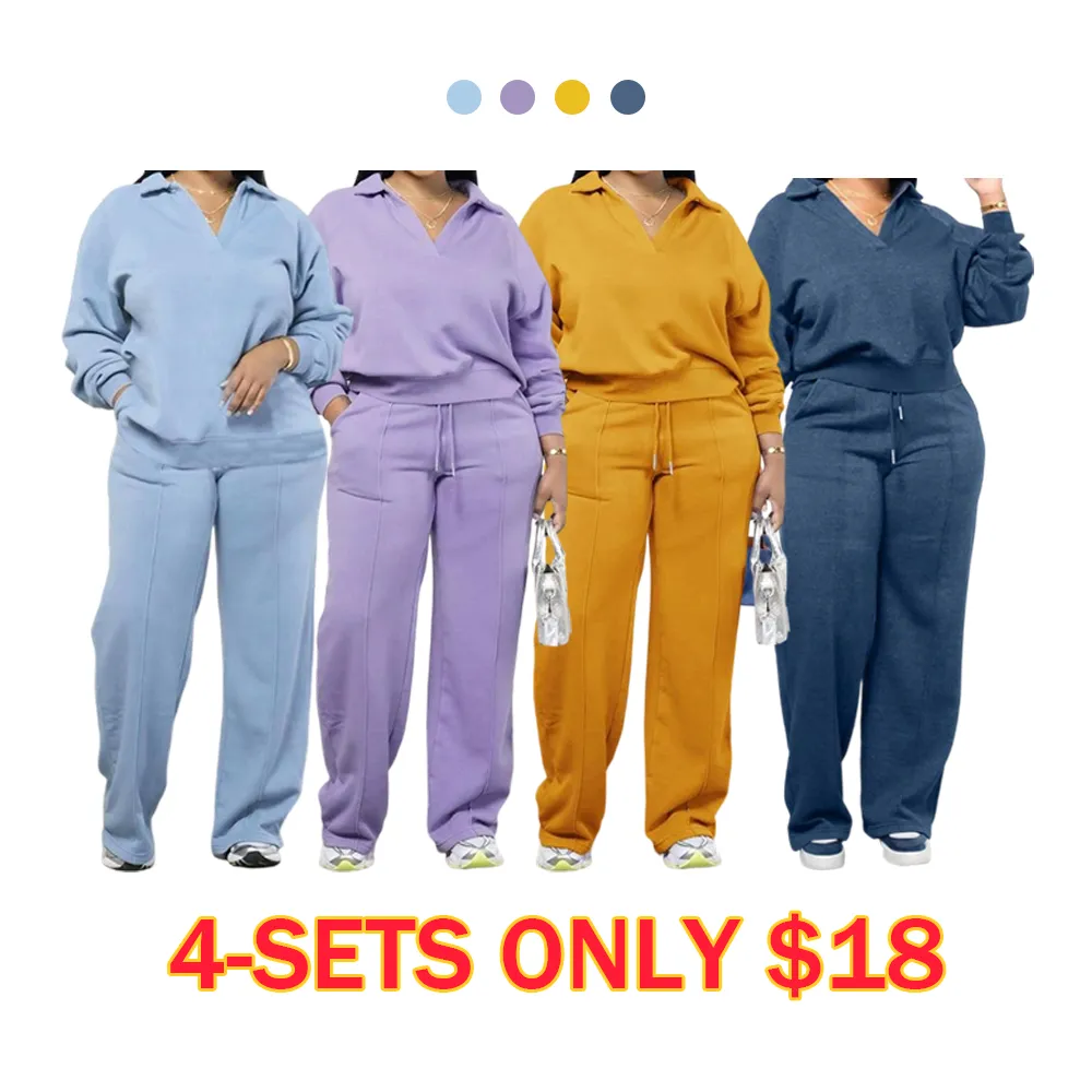 Women'S Solid Long Sleeve Sweatshirt & Drawstring Waist Pants Set