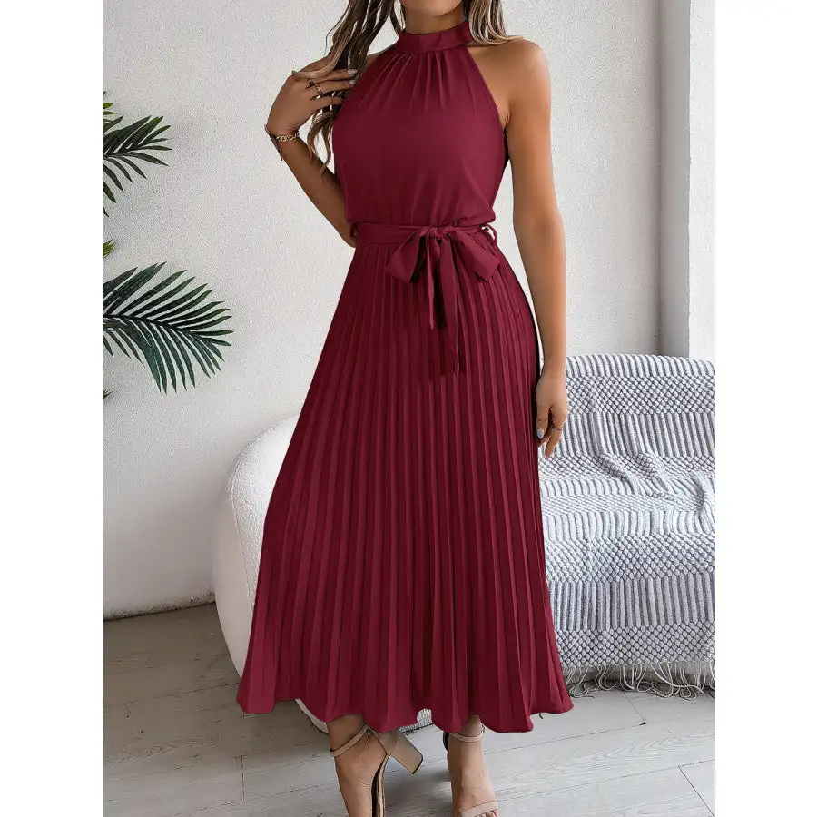 Pleated Tie Waist Sleeveless Midi Dress