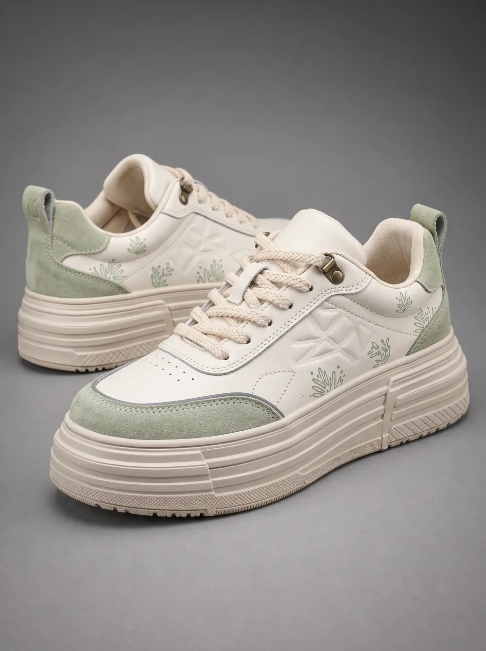 Men's Sage Green Botanical Leaf Printed Platform Sneakers