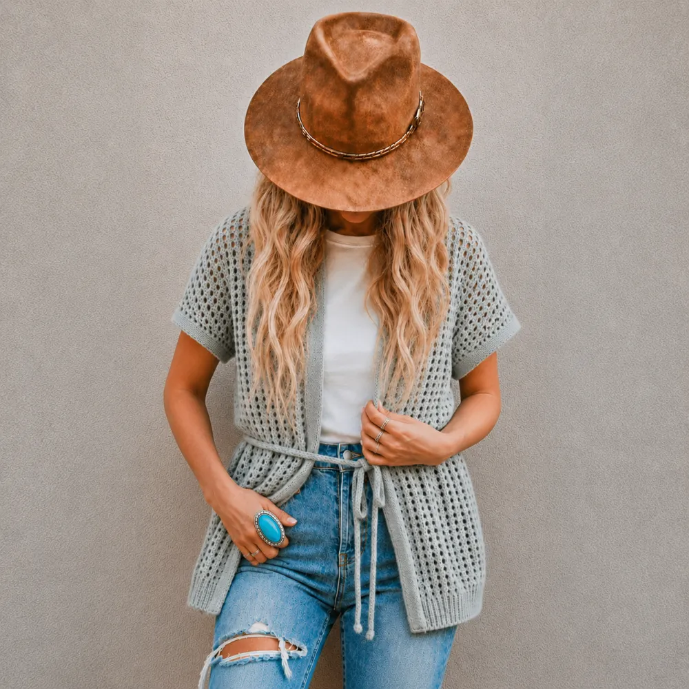 Everyday Crochet Open Weave Belted Cardigan