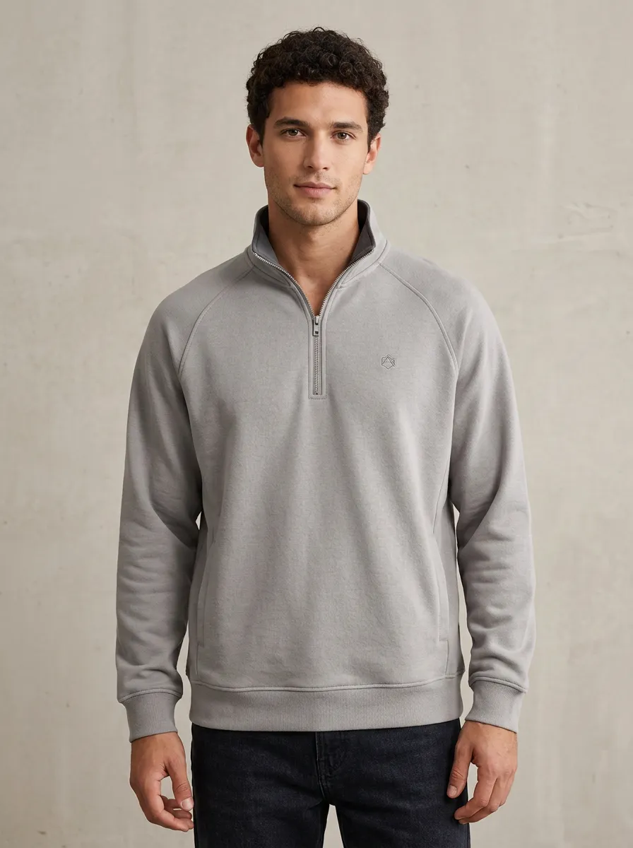 Men's Clean-Line Minimalist Textured Raglan Embroidered Emblem Quarter-Zip Sweatshirt