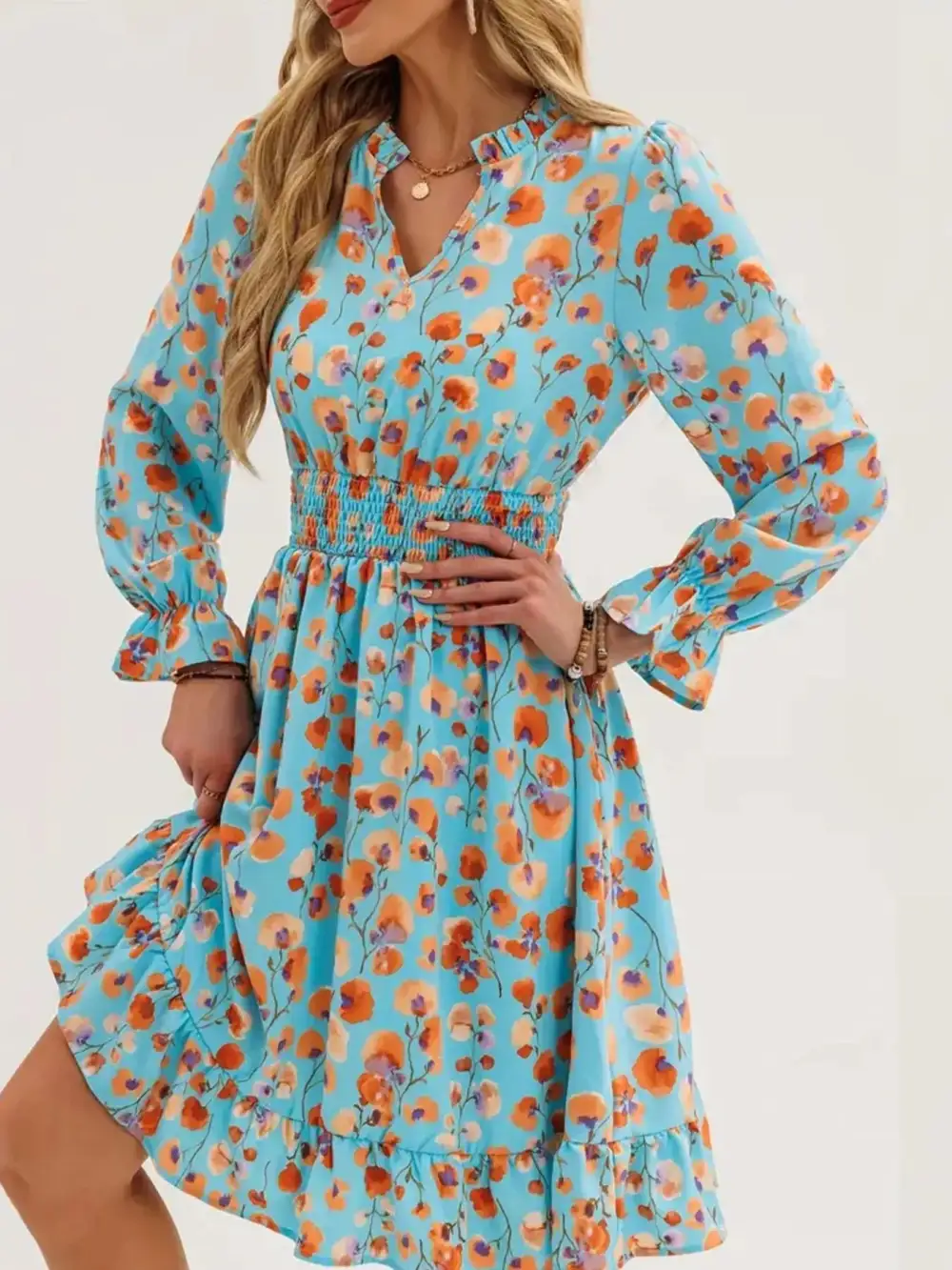 Layered Detail Floral Printed Ruffle Dress