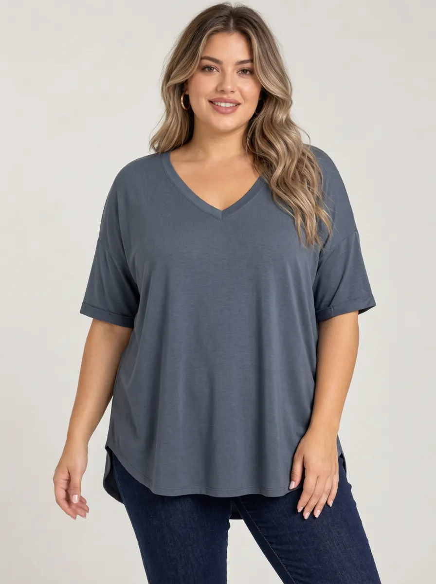Casual Layering Plus Size V Neck Relaxed Fit Women's Plus Size V Neck Relaxed T Shirt