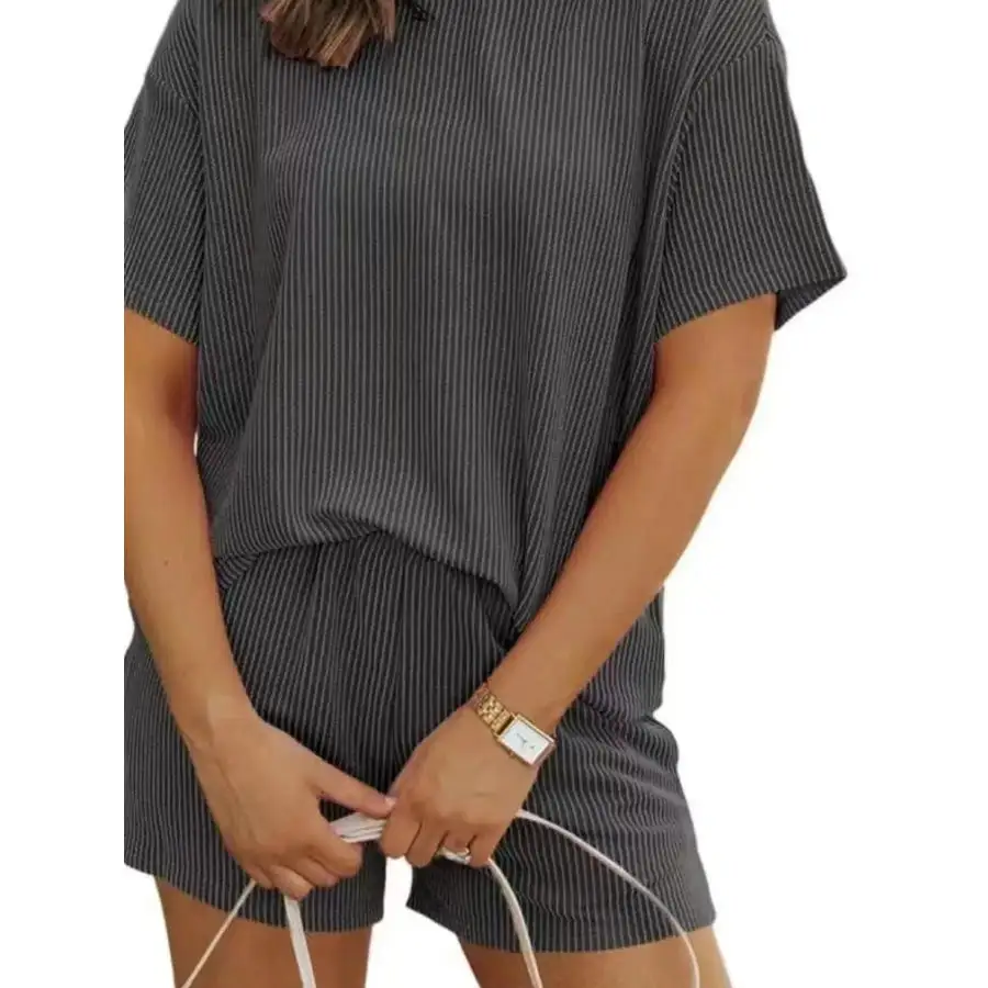 Ribbed Short Sleeve Top and Shorts Two Piece Set