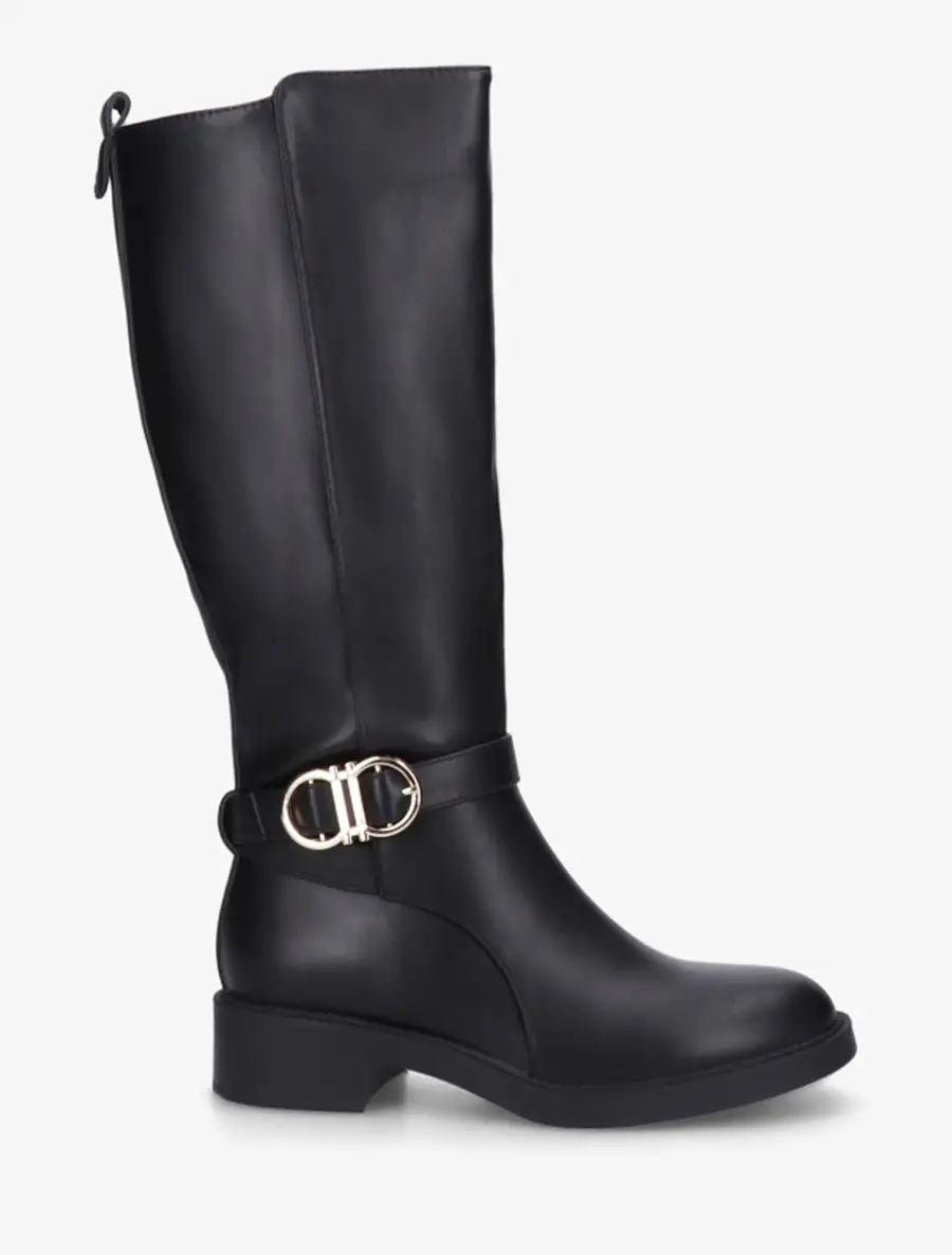 Refined Buckle Detail Block Heel Metal Detail Faux Leather Knee High Boots
