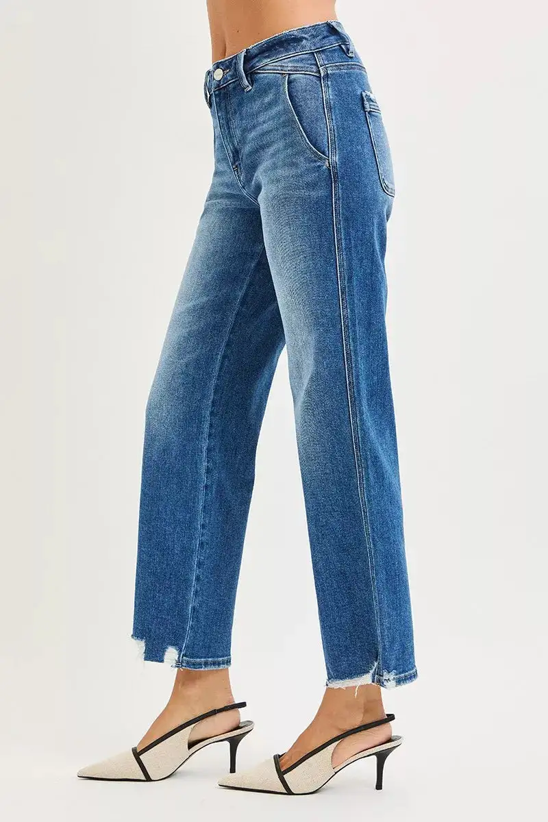 High-Rise Raw-Hem Distressed Washed Straight Leg Jeans