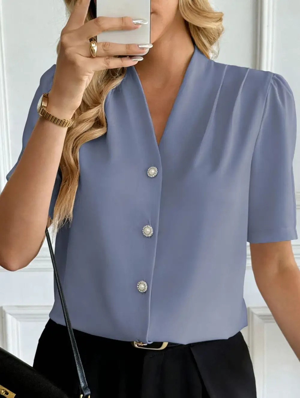 V Neck Button Short Sleeve Shirt