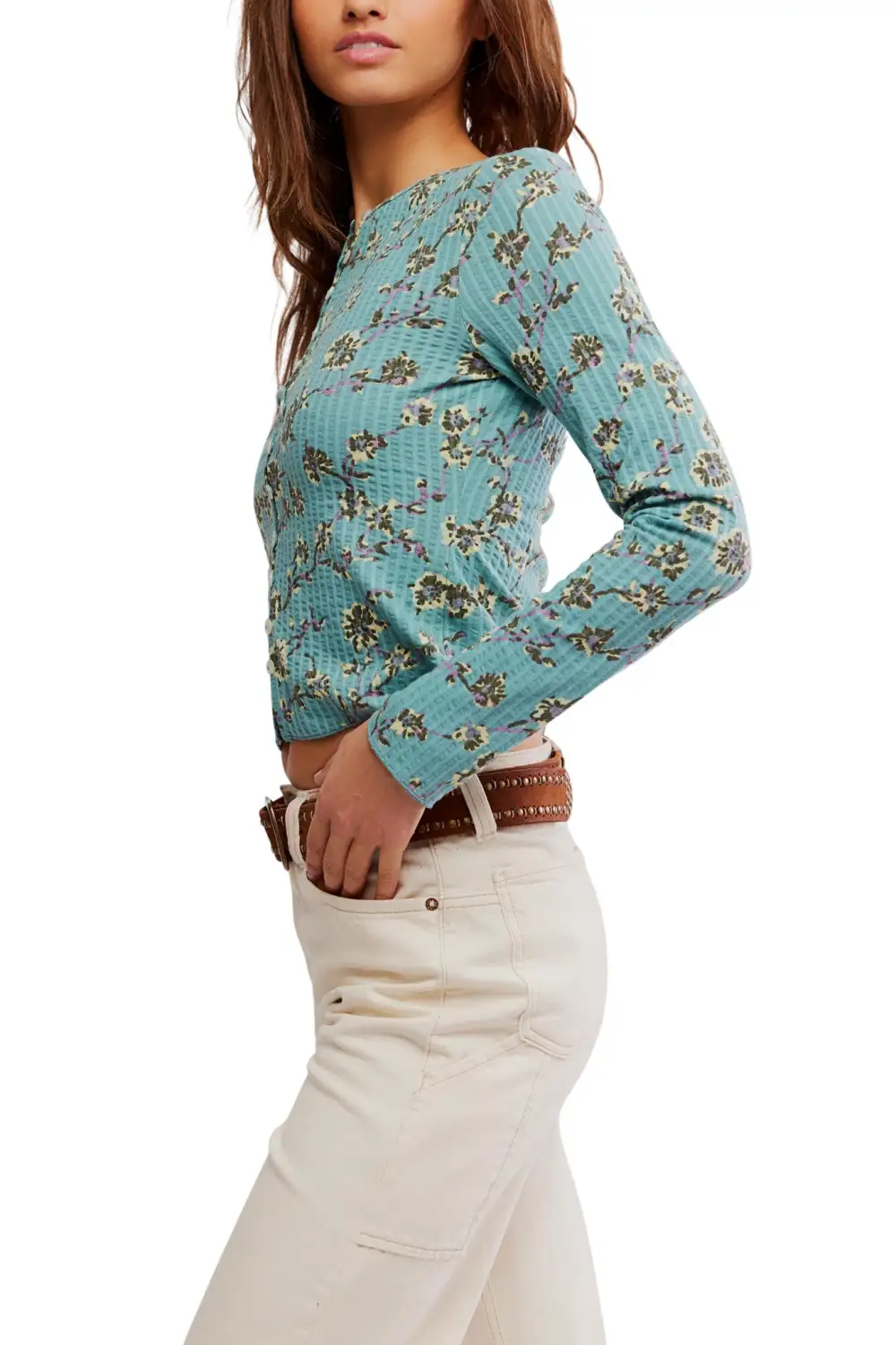Floral Ribbed Button Front Long Sleeve Top