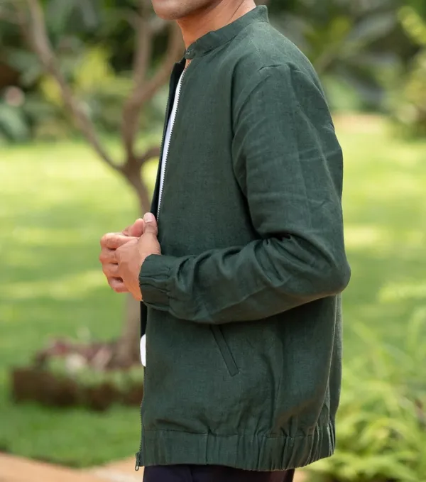 Forest Green Linen Bomber Jacket
