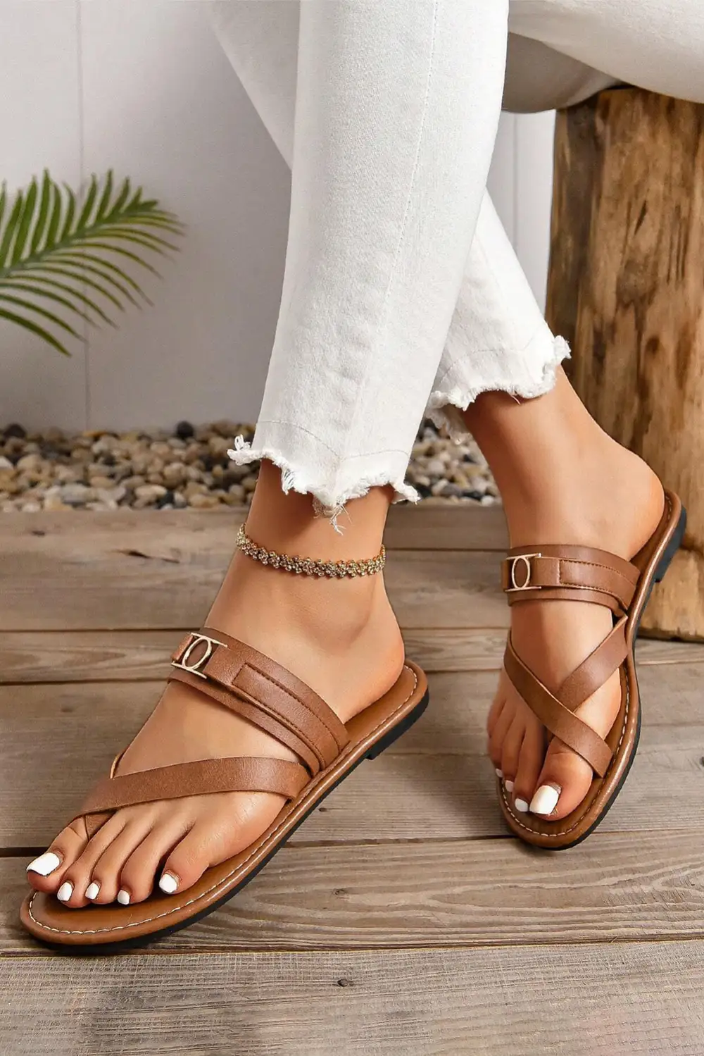 Cross toe Metal Buckle Leathered Flat Slide Slippers