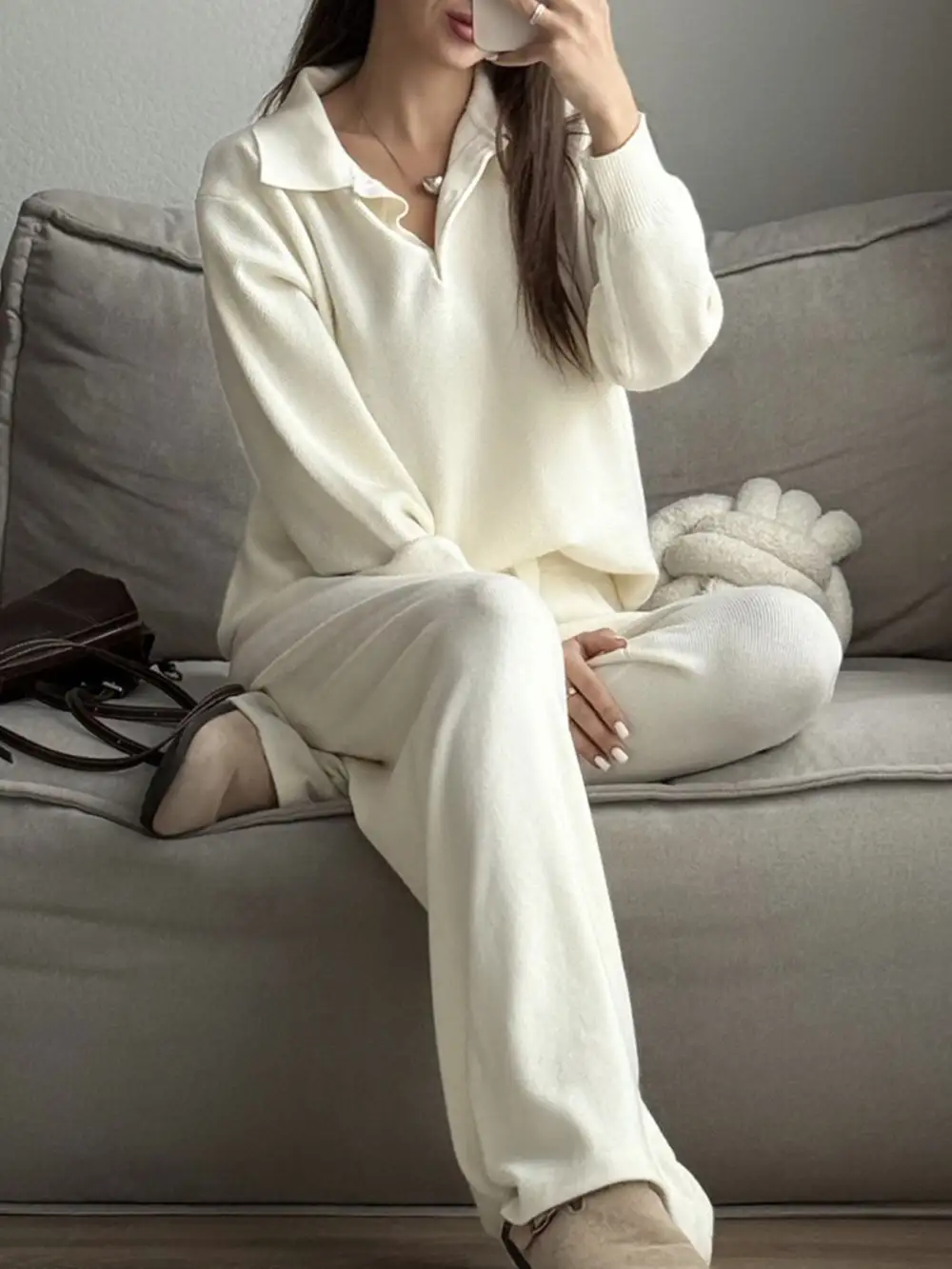 Polo Collar Top and Pants Or Skirt Knit Set