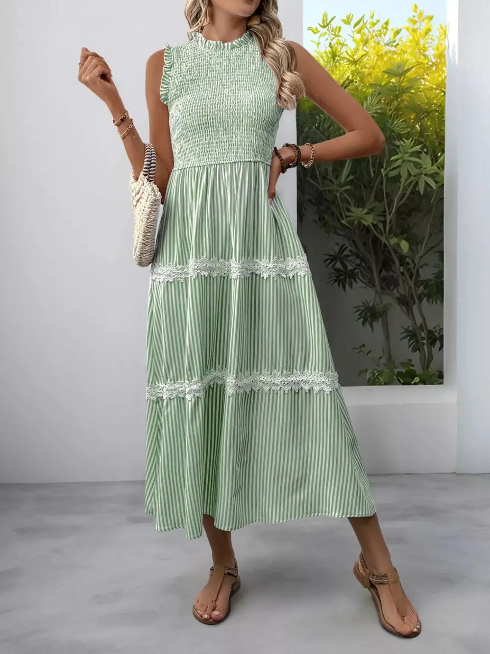 Gathered Detail Striped Lace Smocked Midi Dress