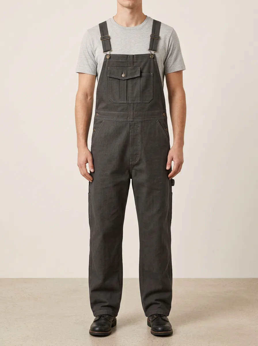 Men's Casual Charcoal Grey Side-Button Workwear Overalls