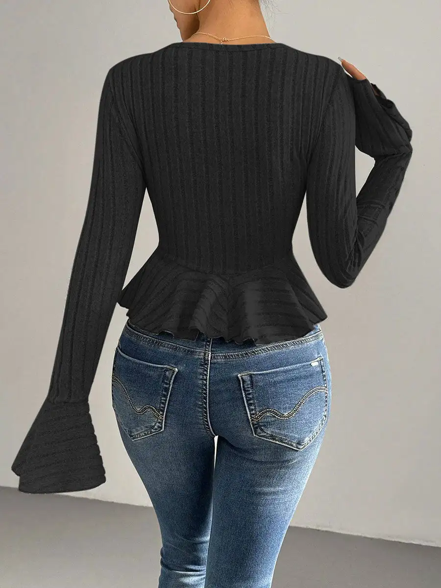 Flared Sleeve Long Sleeve Button Detail Ruffle Panel Detail Deep V-Neck T-Shirt